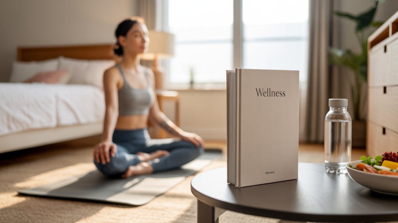 Person stretching in a bright room with a wellness book nearby, realistic health and wellness scene