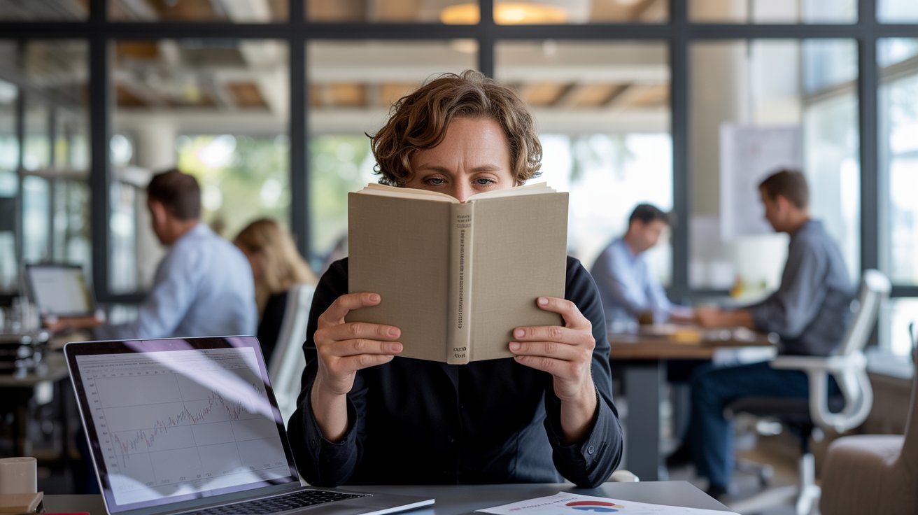 Person reading a book in a modern café with city life blurred in the background, realistic contemporary scene