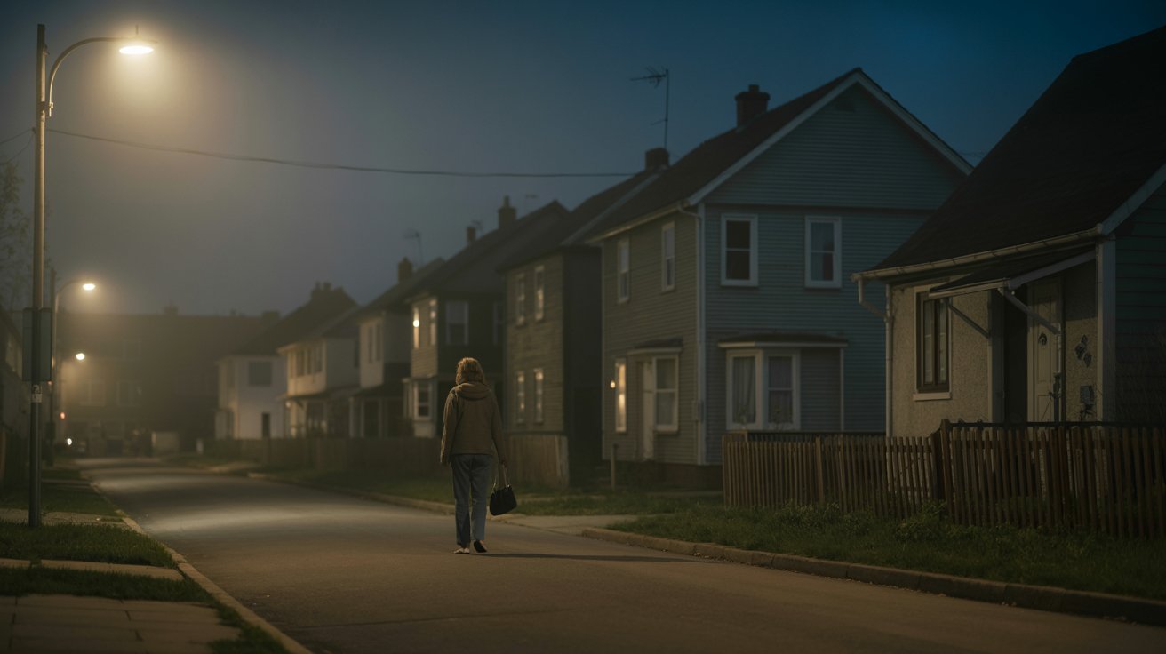 Person walking through a quiet suburban street at night with a subtle eerie atmosphere, realistic paranormal mood