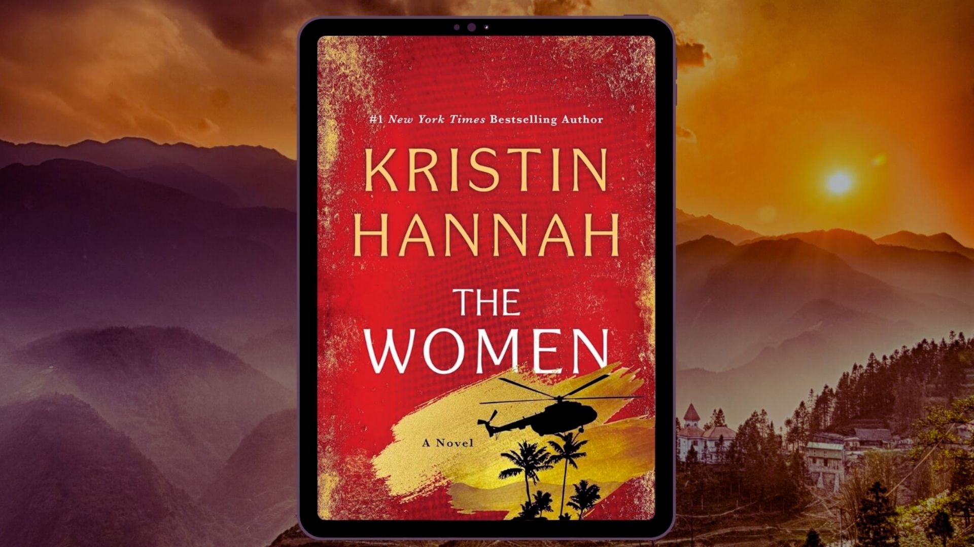 Cover of "The Women" by Kristin Hannah, featuring a serene landscape with a group of women in the foreground.