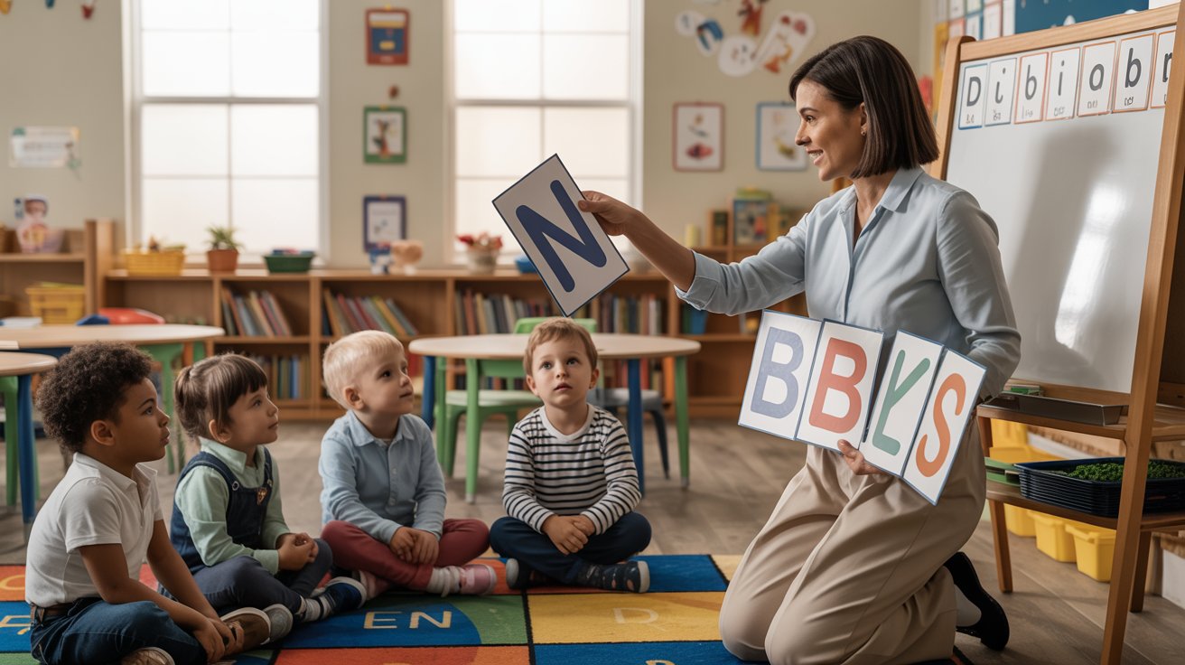 Phonemes and Graphemes lesson showing teacher explaining letter sounds and written symbols in classroom.