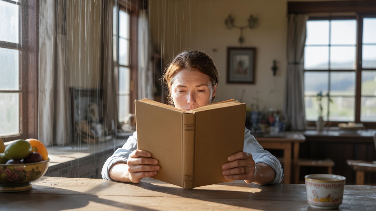 Person reading a book at a wooden table in a rural home with a subtle surreal rain effect indoors, realistic magical realism scene