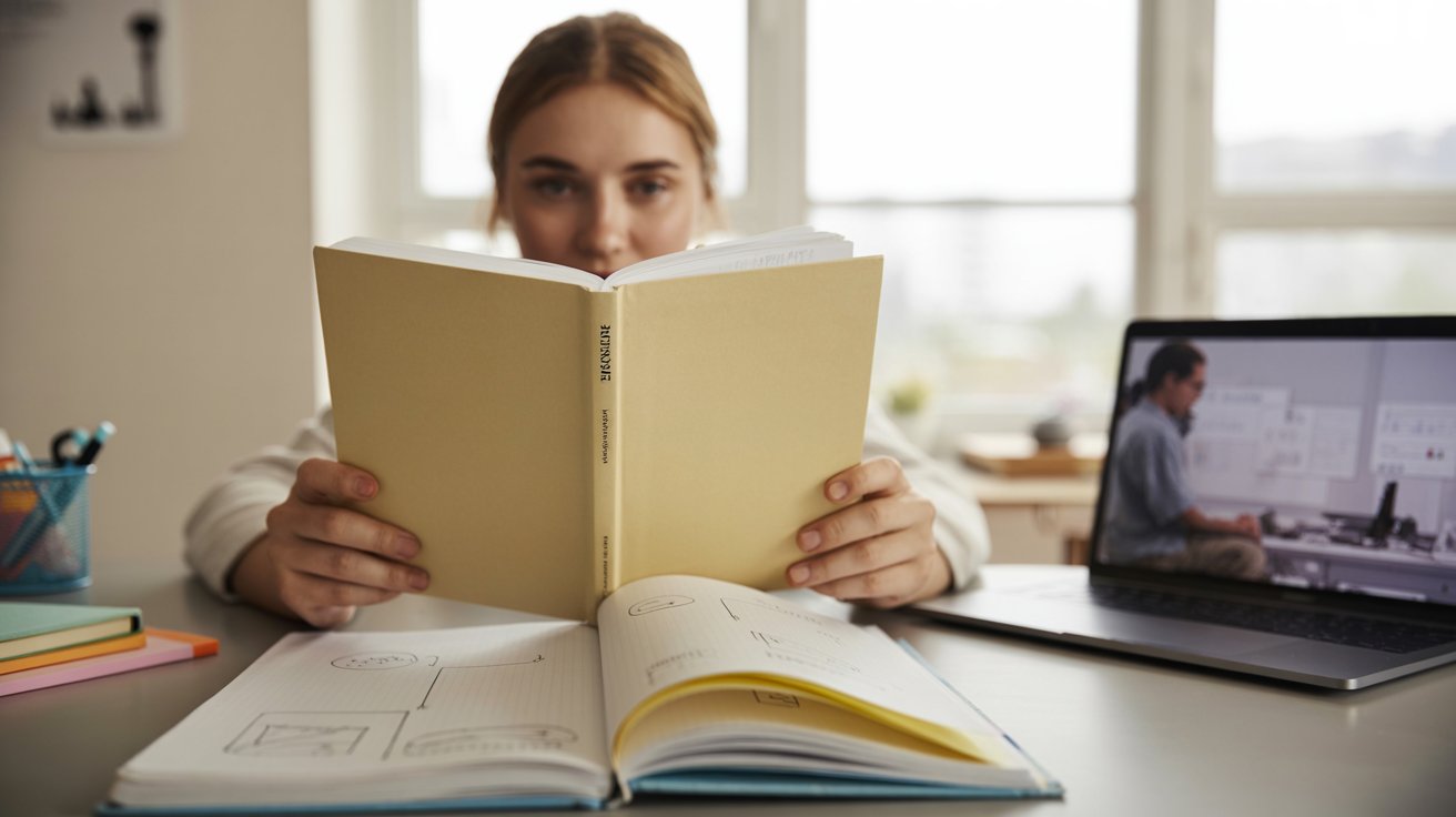 Student studying an education book at a desk with notes and laptop in a bright room, realistic learning scene