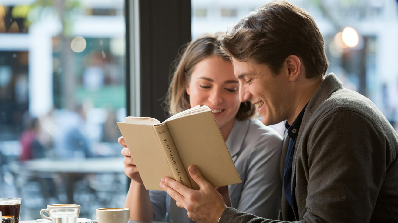 Two people sitting in a cozy café reading and smiling in warm natural light, realistic romantic atmosphere