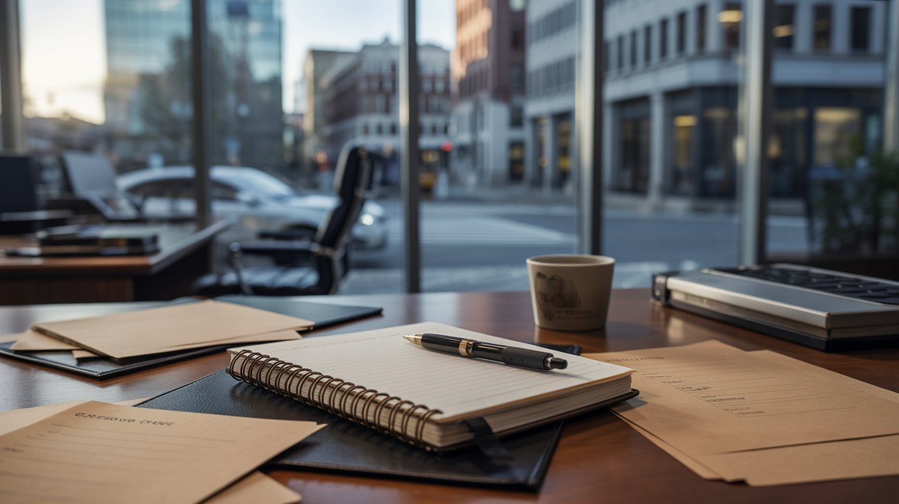 Detective-style desk setup with case files and notebook in a police office environment, realistic crime fiction atmosphere