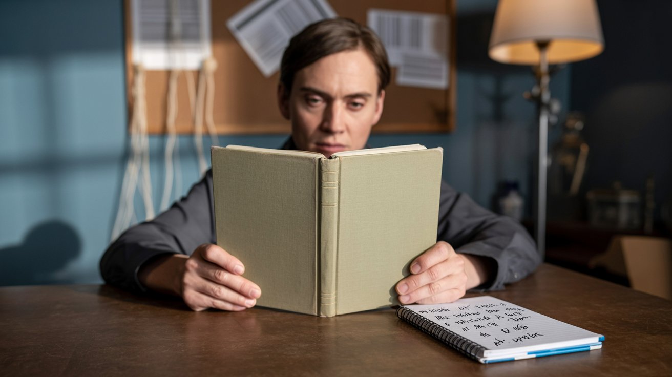 Person reading a true crime book at a desk with notes and investigative board in the background, realistic crime reading scene