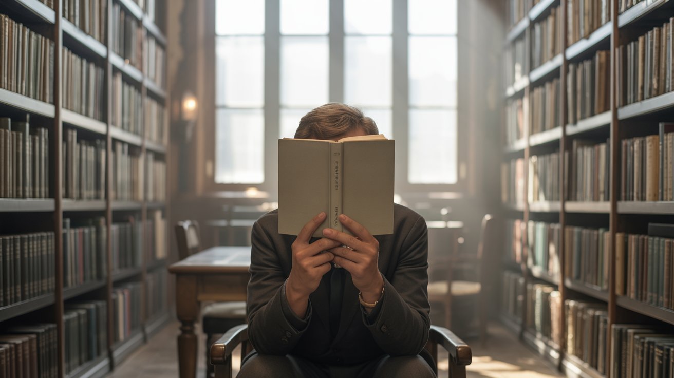 Person reading a book in a quiet library with warm natural light and a historical atmosphere, realistic indoor scene