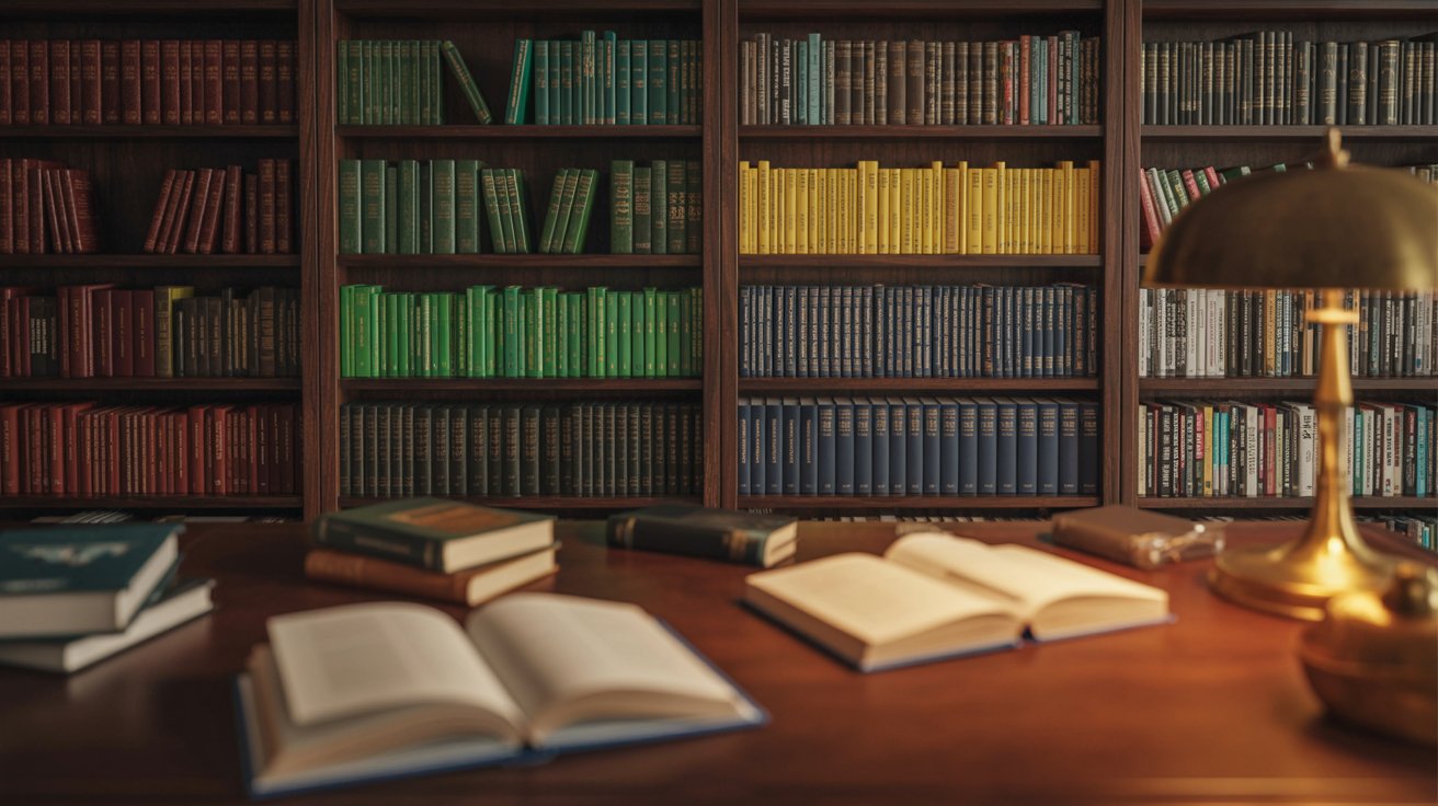 Organized bookshelves and open books in a cozy library representing different book genres and reading interests.