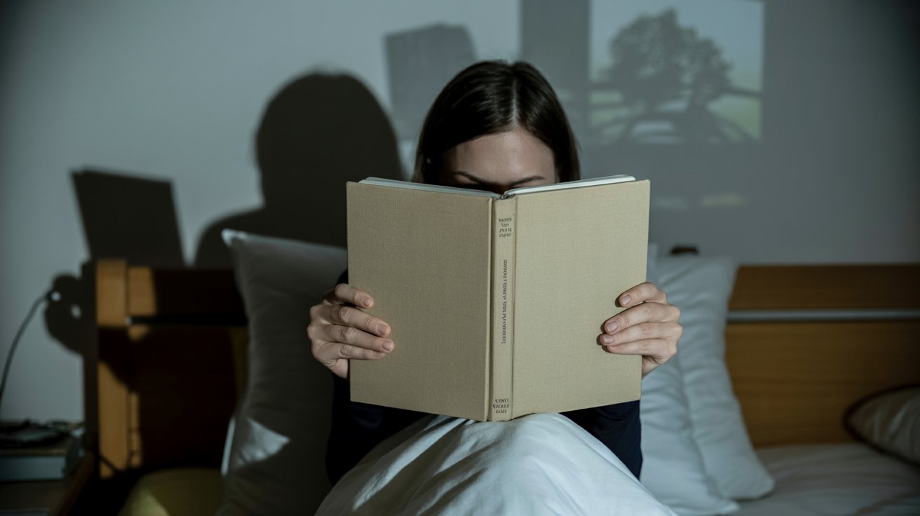 Person reading a book in a dimly lit bedroom at night with a tense, atmospheric mood, realistic indoor scene