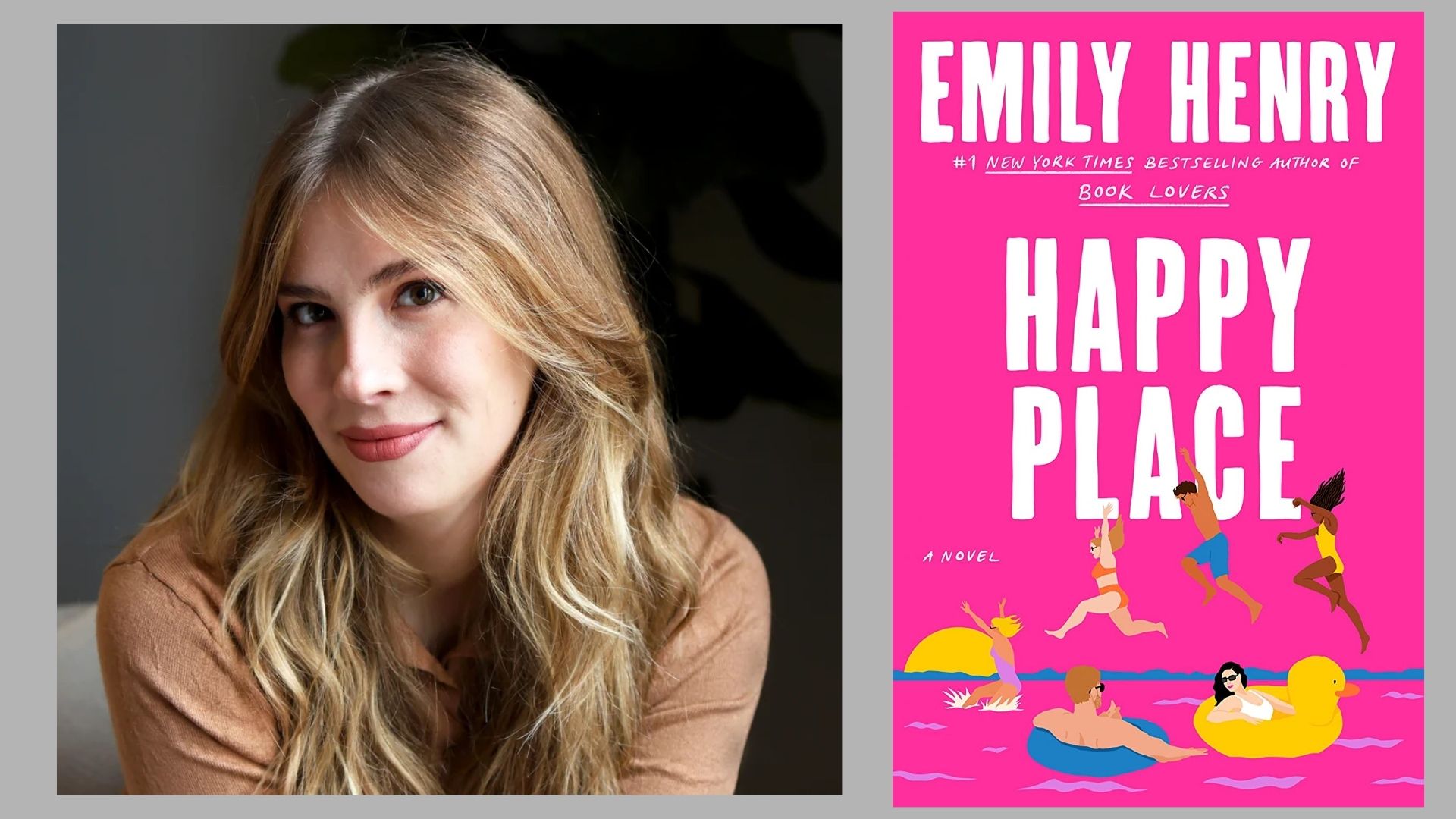 Cover of Emily Henry's book "Happy Place," featuring a colorful design with whimsical illustrations and the title prominently displayed.