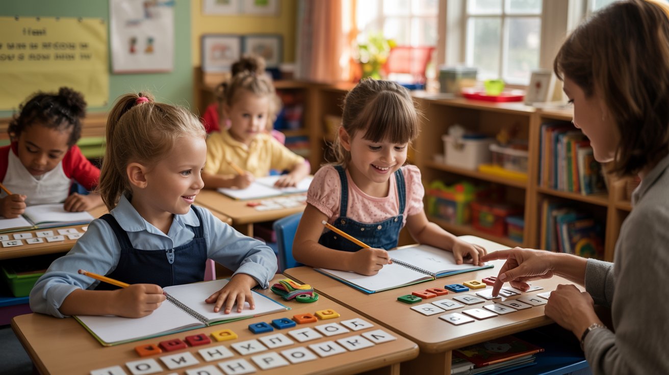 Children writing words in notebooks while using letter tiles and teacher guidance for spelling practice.