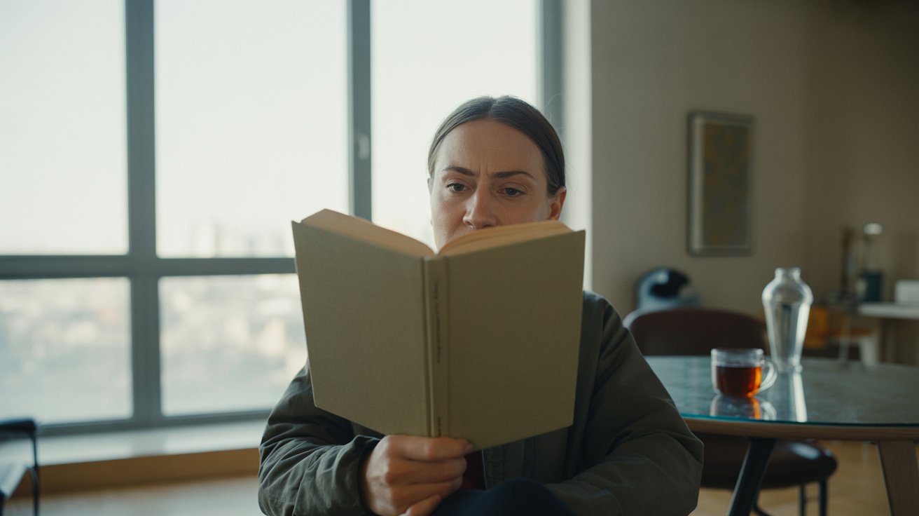 Person reading a book by a window in a quiet apartment with a reflective mood, realistic literary atmosphere