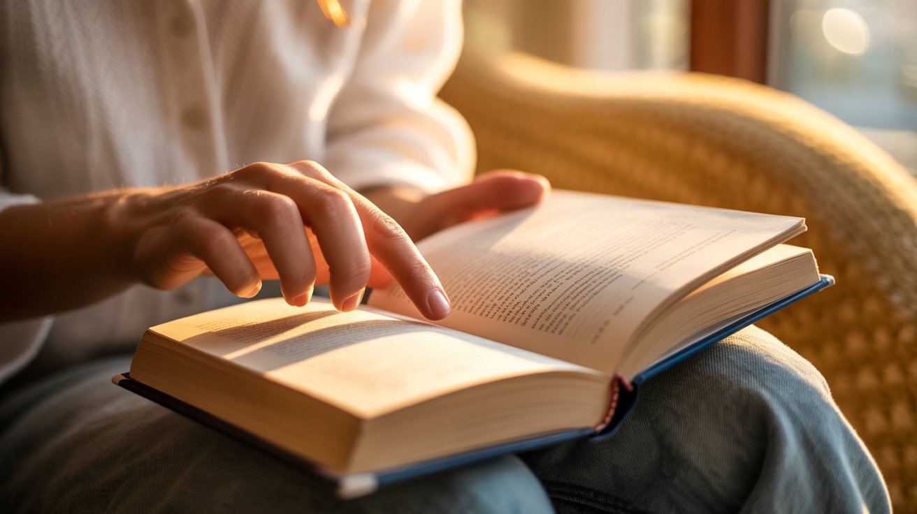 A reader holding an open book in warm lighting, creating a thoughtful and intimate reading atmosphere.