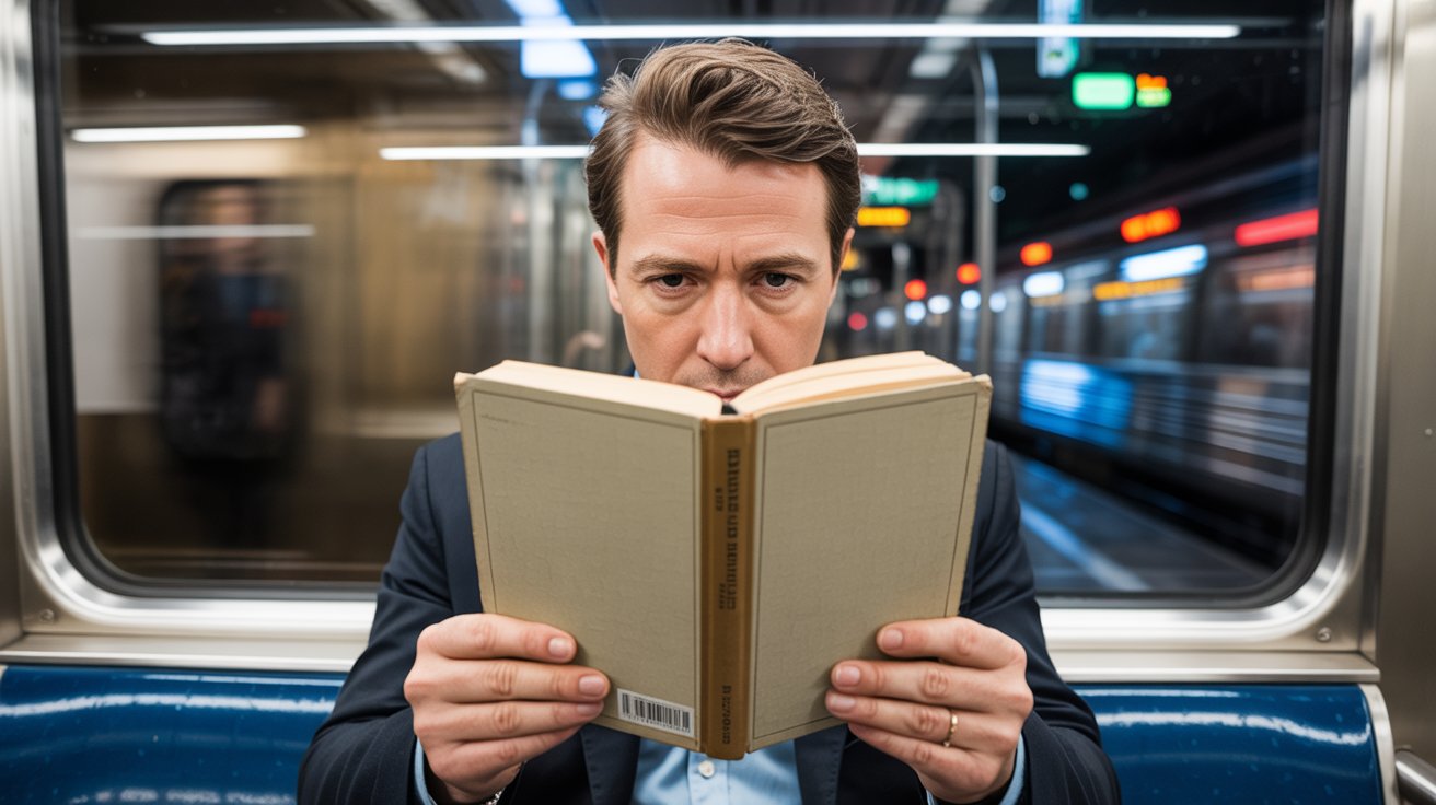 Commuter reading a plain-covered book on a subway at night with blurred city lights outside, realistic urban scene