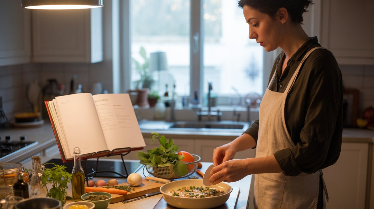 Person cooking in a modern kitchen with fresh ingredients and an open cookbook, realistic home cooking scene