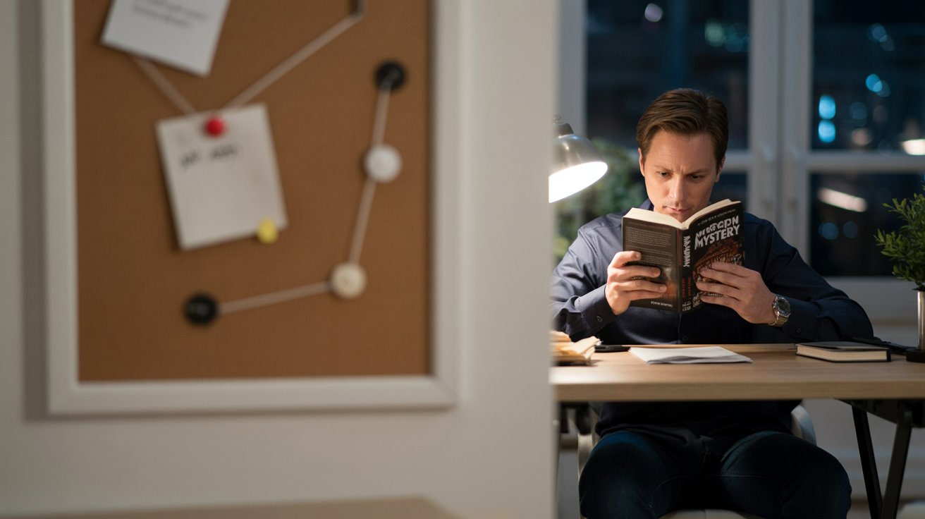 Person reading a mystery novel at a desk with a softly lit detective-style board in the background, realistic indoor scene