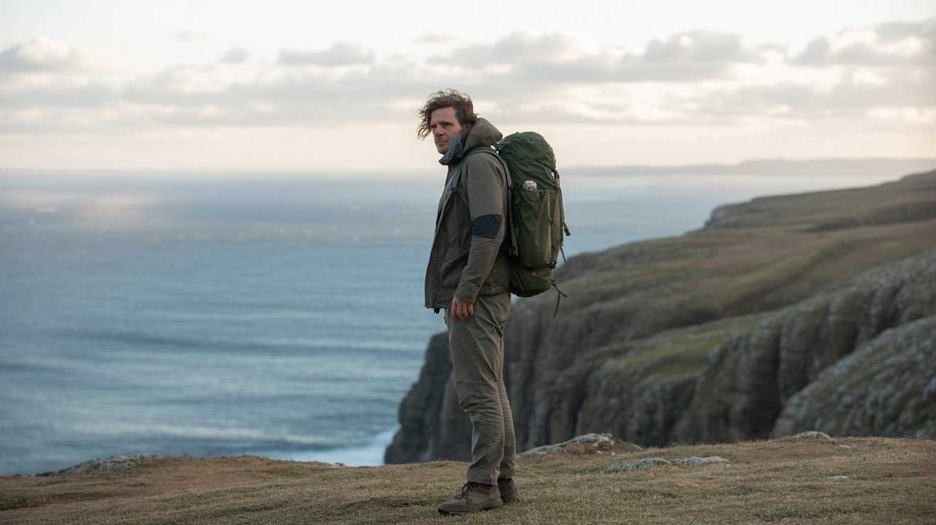 Lone traveler standing on a coastal cliff overlooking the ocean with a backpack, realistic adventure scene in nature
