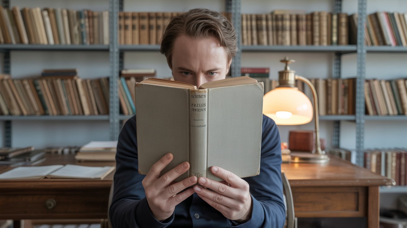 Person reading a vintage-style book at a wooden desk in a quiet study room with old bookshelves, realistic classic literature scene