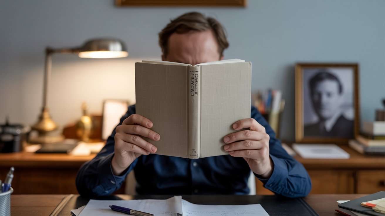 Person reading a biography in a quiet study room with warm lamp light and reflective mood, realistic scene