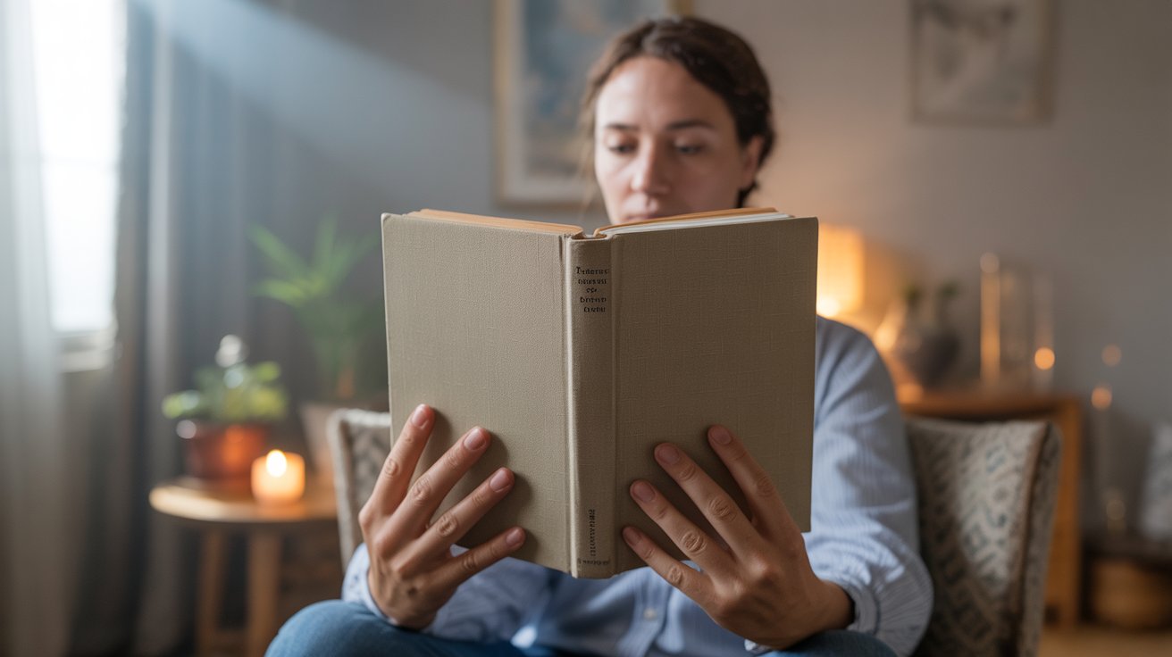 Person reading a spiritual book in a calm softly lit room with a peaceful reflective mood, realistic scene