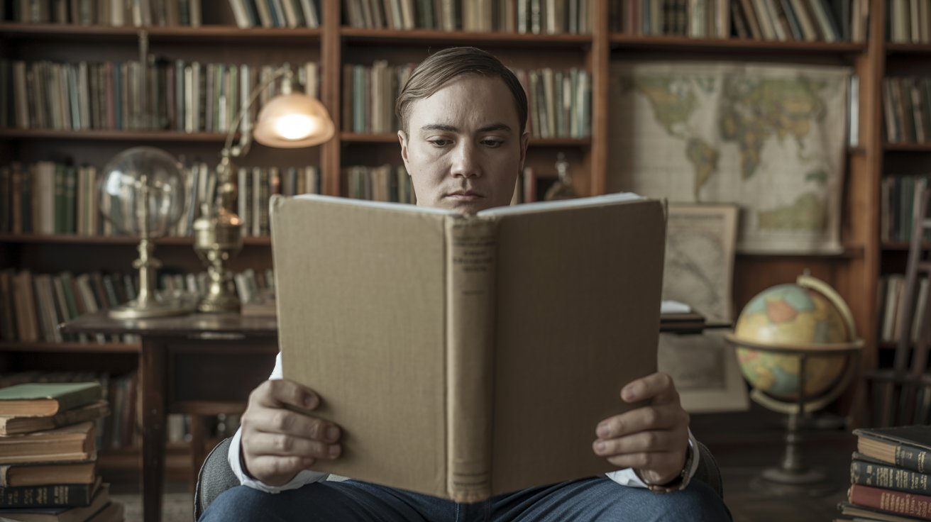 Person reading a history book in a study room with vintage books and maps, realistic academic atmosphere