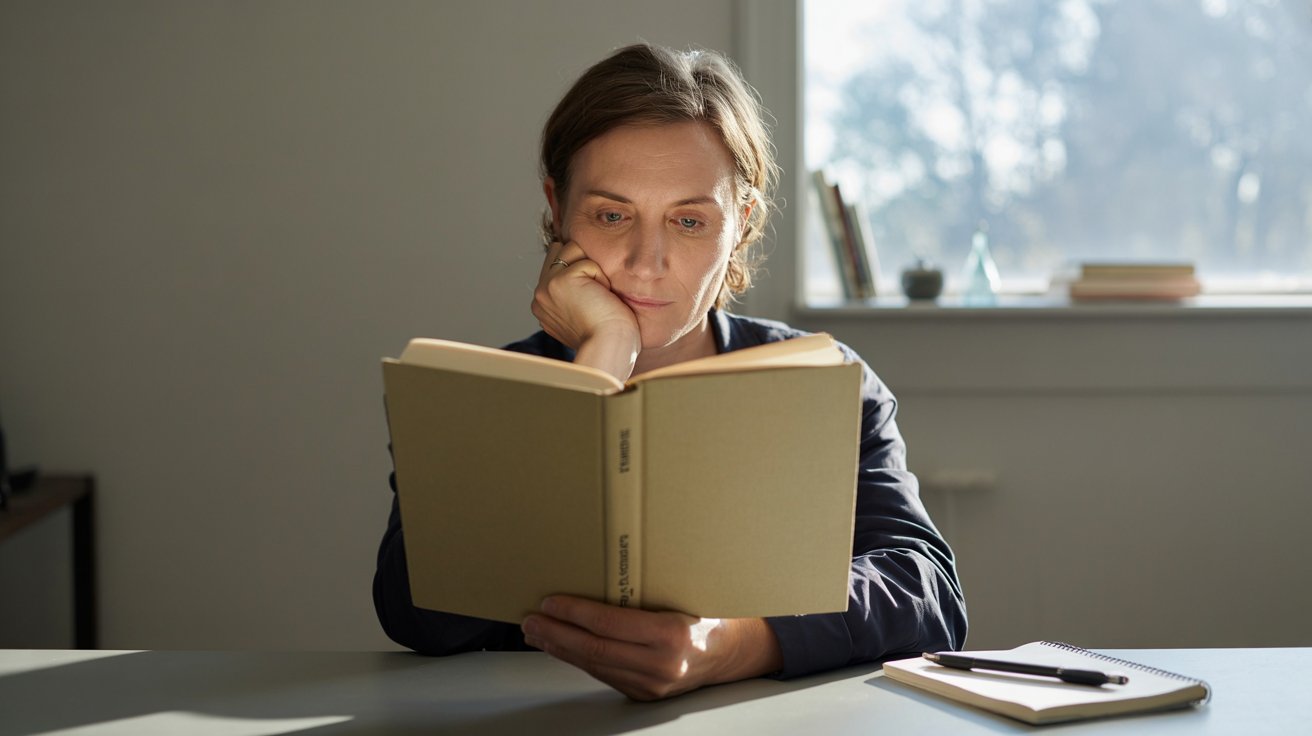Person reading a philosophy book in a quiet minimalist room with a reflective thoughtful mood, realistic scene