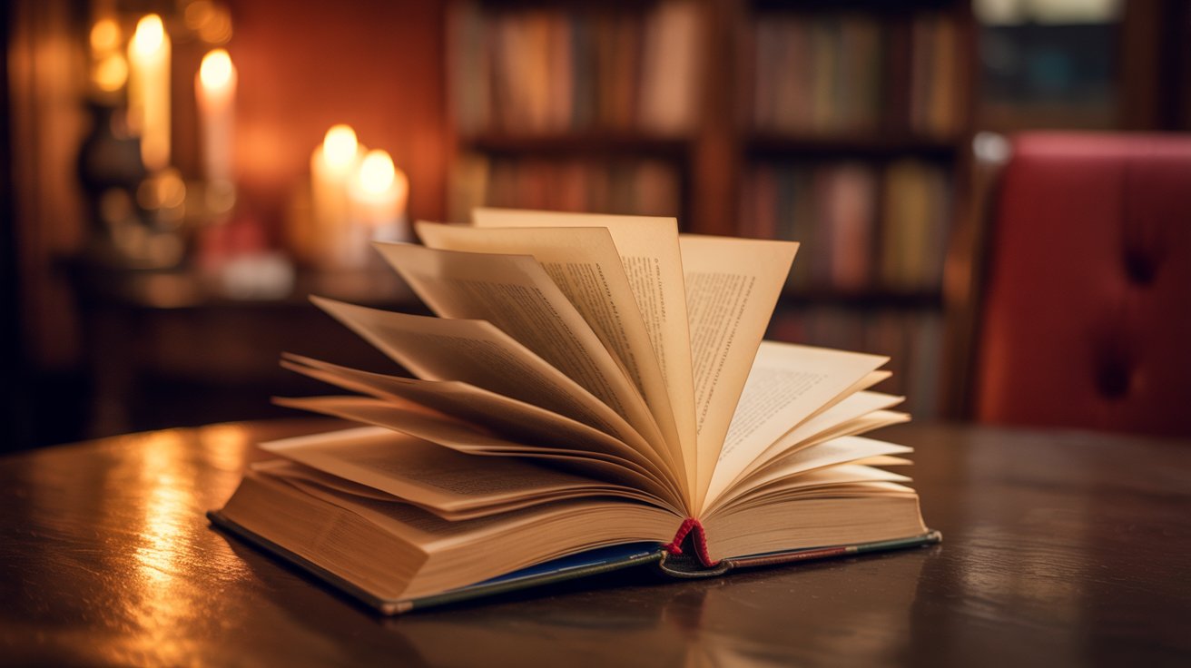 An open book in warm candlelight with softly blurred pages creating an intimate and emotionally charged reading atmosphere.
