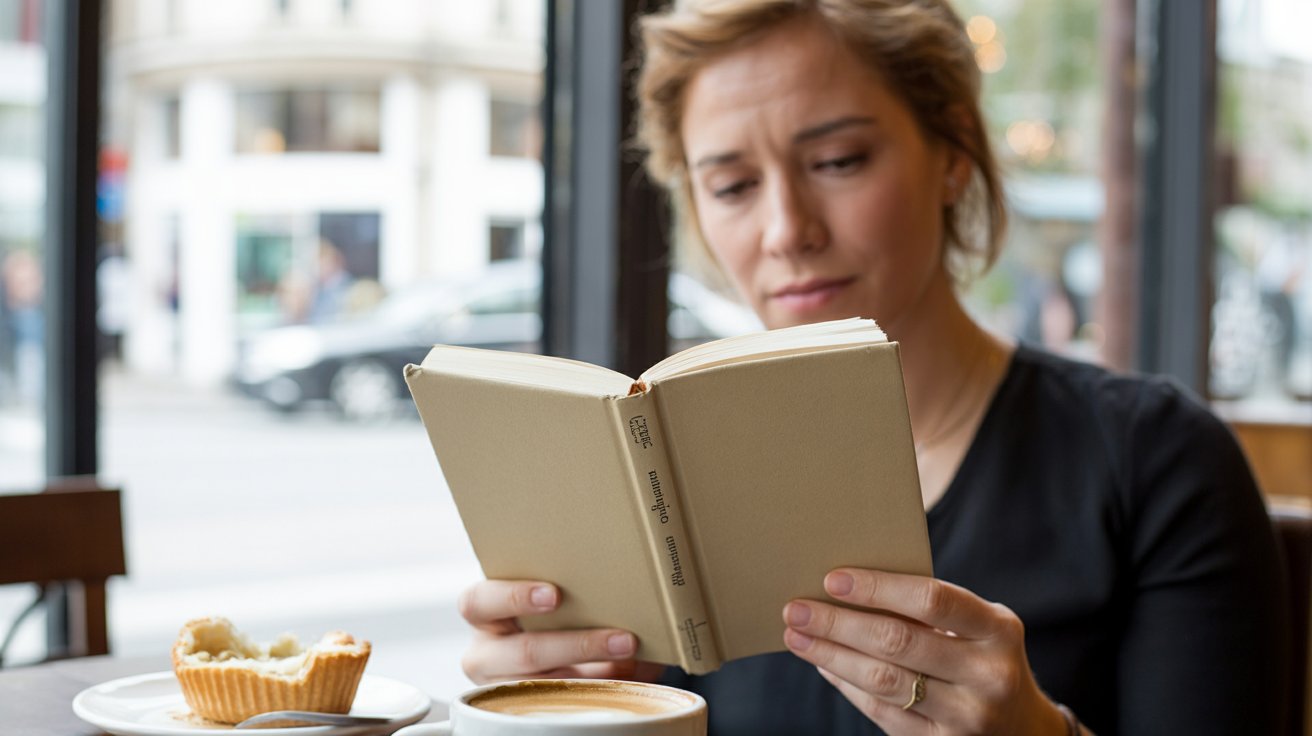 Person reading a plain-covered book in a café with coffee on the table, realistic calm reading moment