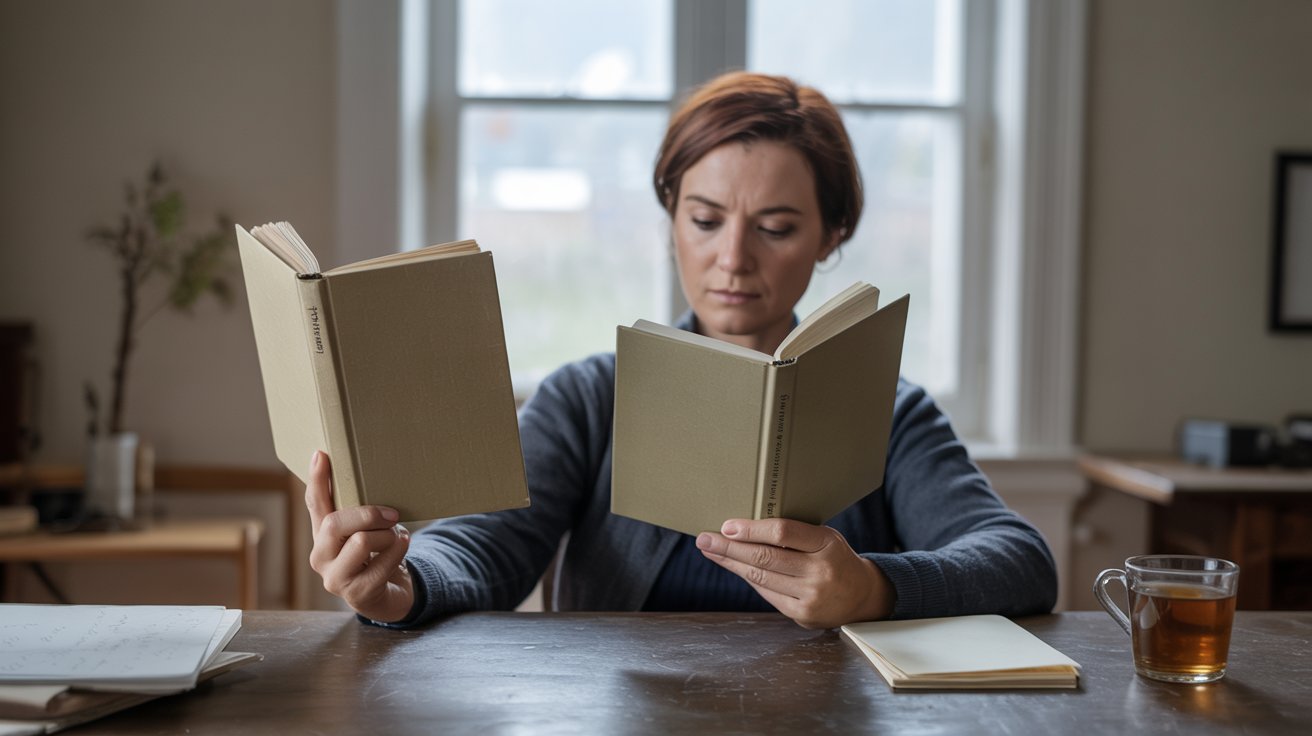 Person writing and reading in a quiet room with soft natural light, realistic autobiographical reflection scene