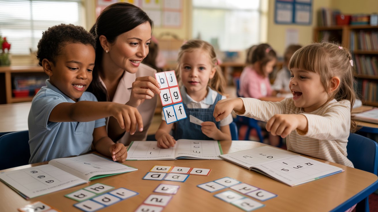 Students using letter cards in the classroom while the teacher guides reading activity with phonics materials.