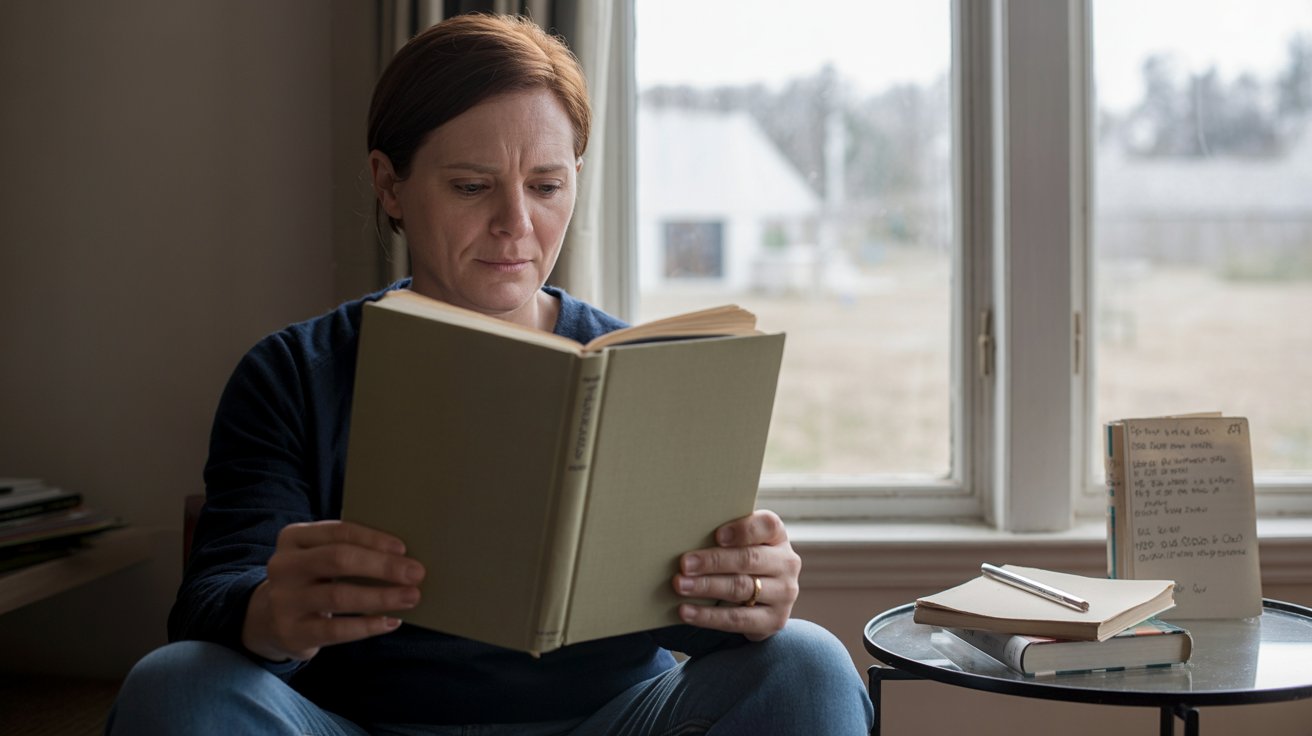 Person reading a memoir by a window with soft natural light and a reflective mood, realistic emotional scene