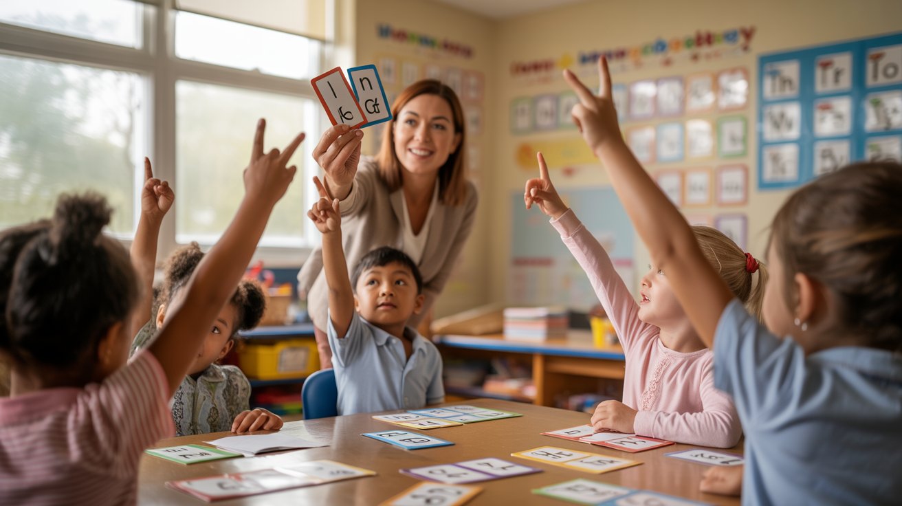 Students practicing sound recognition with a teacher using phonics cards in the classroom.