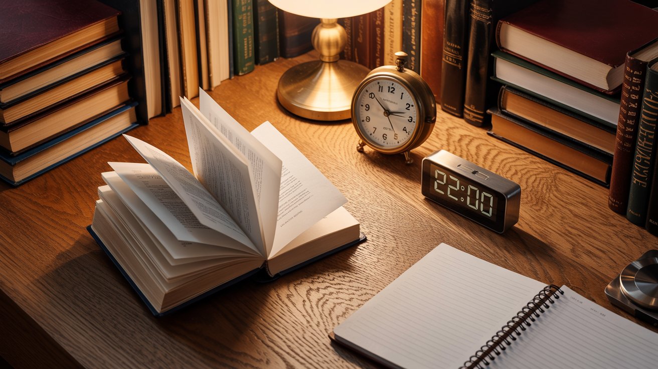 Open book with a clock and timer on a desk representing time-based reading goals for faster and focused reading