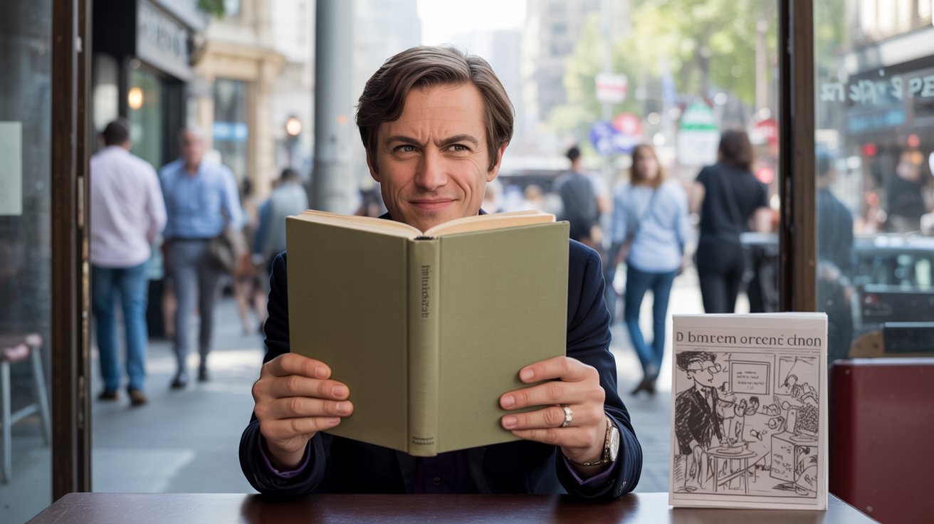 Person reading a book with an amused expression in a café, realistic scene suggesting satire and social commentary