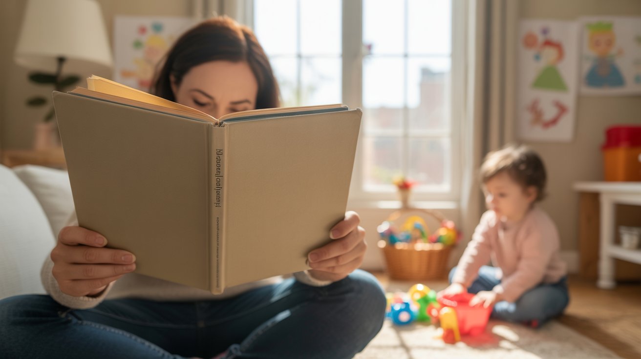 Parent reading a parenting book in a cozy living room while a child plays nearby, realistic family scene