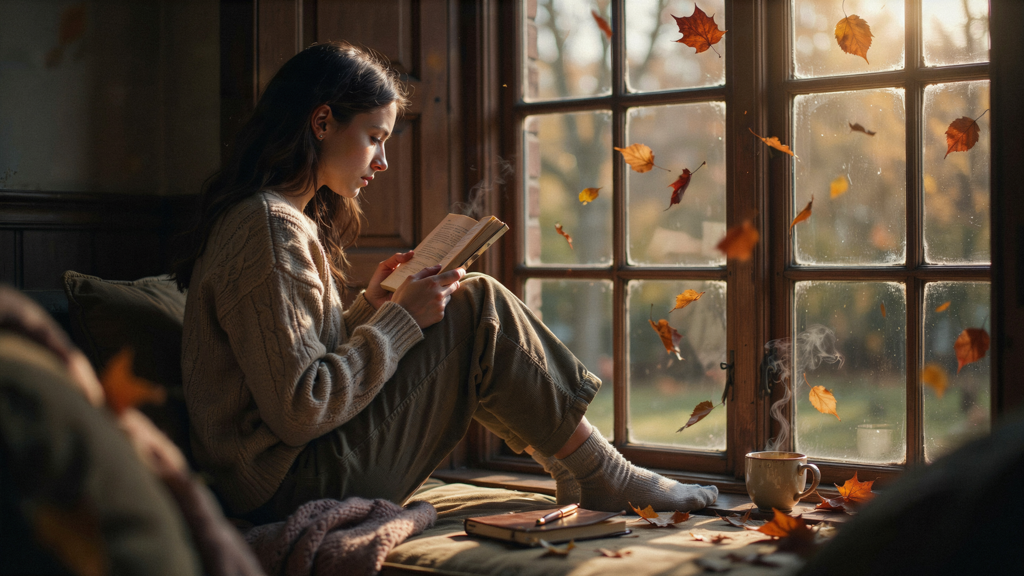 Person reading poetry by window during autumn showing emotional connection to fall poems