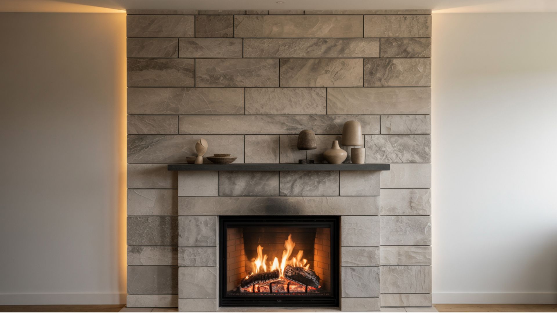 A fireplace with a rustic stone wall backdrop and a stylish mantle for displaying decorative items.