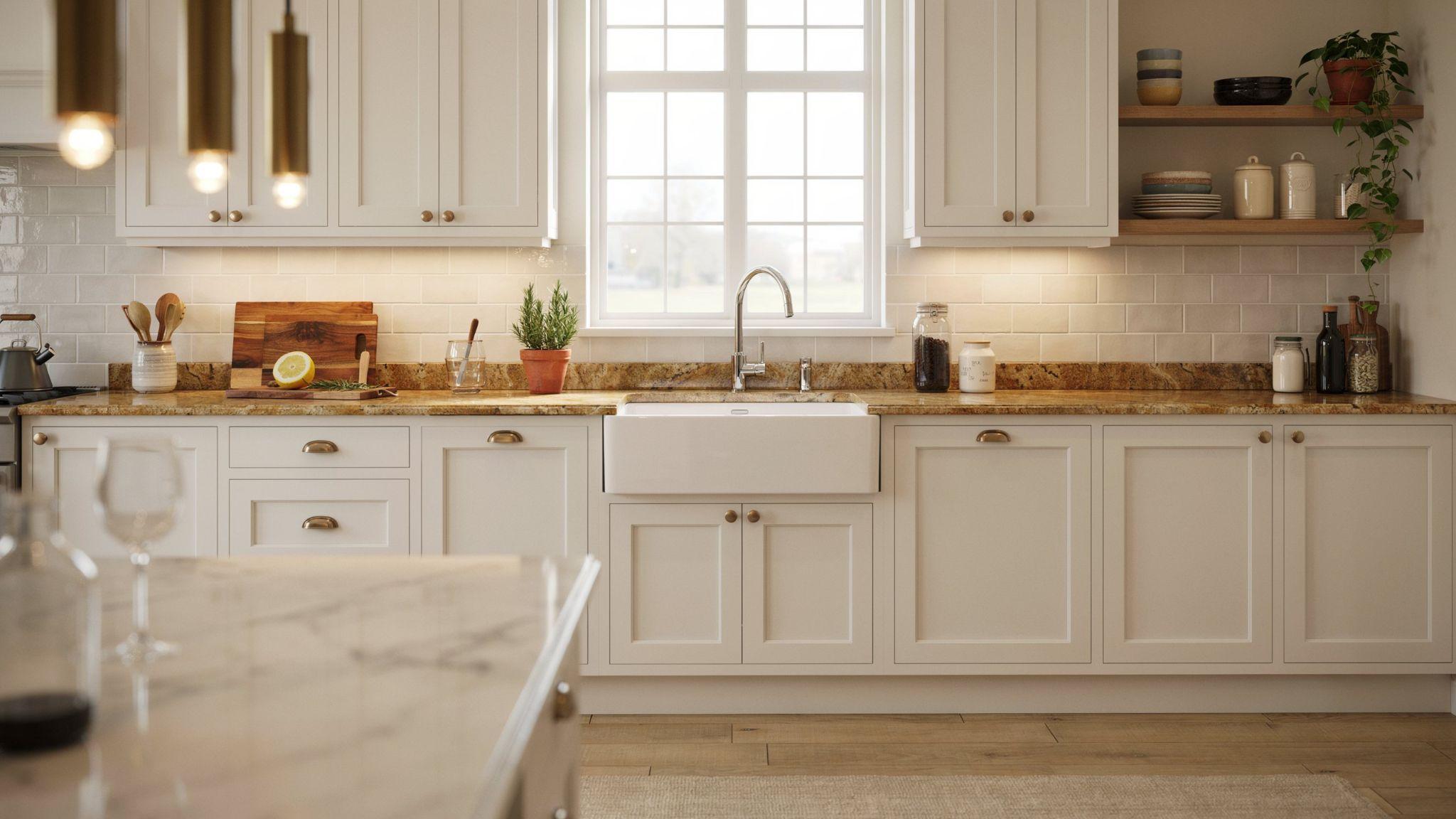 Warm white kitchen cabinets paired with brown granite countertops in bright elegant kitchen