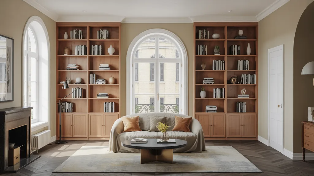 Floor-to-ceiling bookshelves built around a window in a library-style living room.