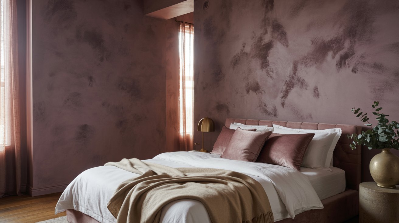 Velvet effect textured wall creating warmth and depth in cozy bedroom