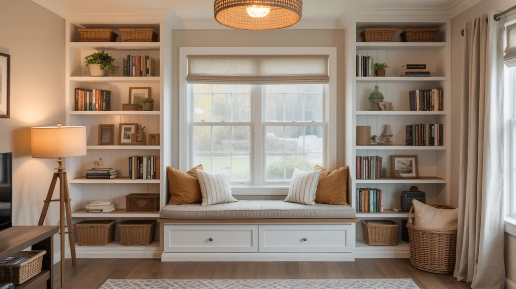 Farmhouse bookshelf and window seat reading nook with white shelves and wood accents.