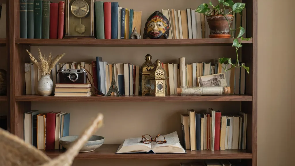 Bookshelf displaying vintage collectibles and unique decorative objects.