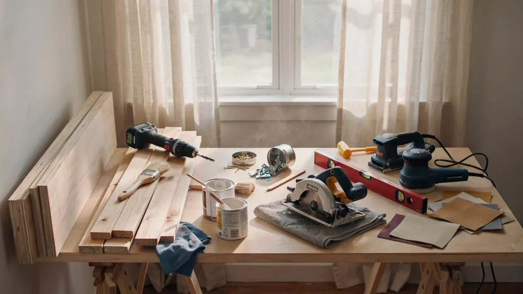 DIY tools and wooden materials for building a bookshelf around a window, including boards, drill, screws, and paint supplies.