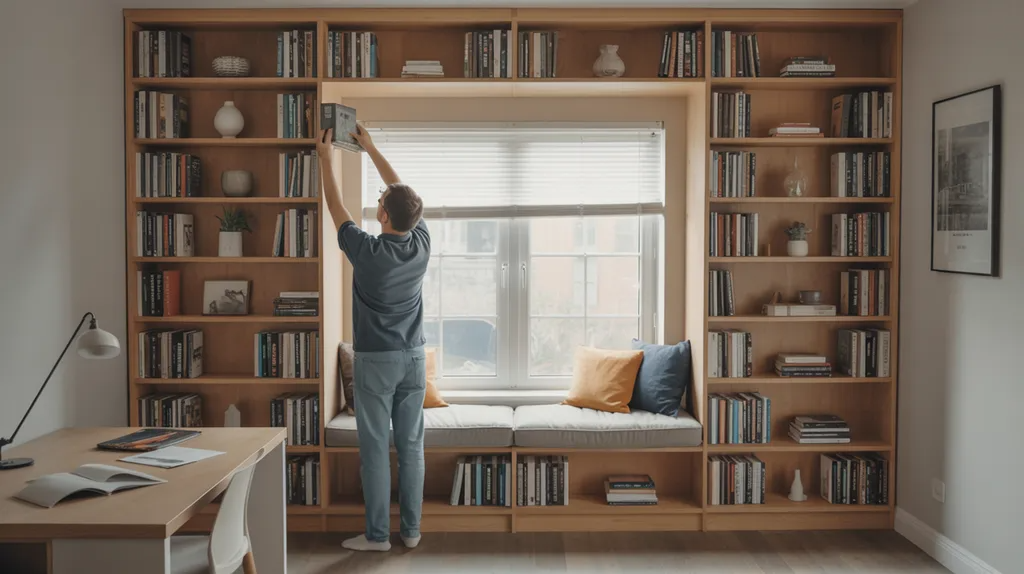 DIY bookshelf around a window with custom shelving and a cozy reading nook.