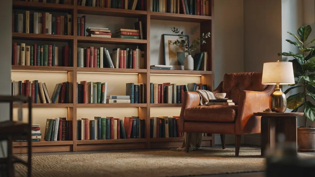 Bookshelf with warm lighting, books, and decorative accents creating a cozy atmosphere.