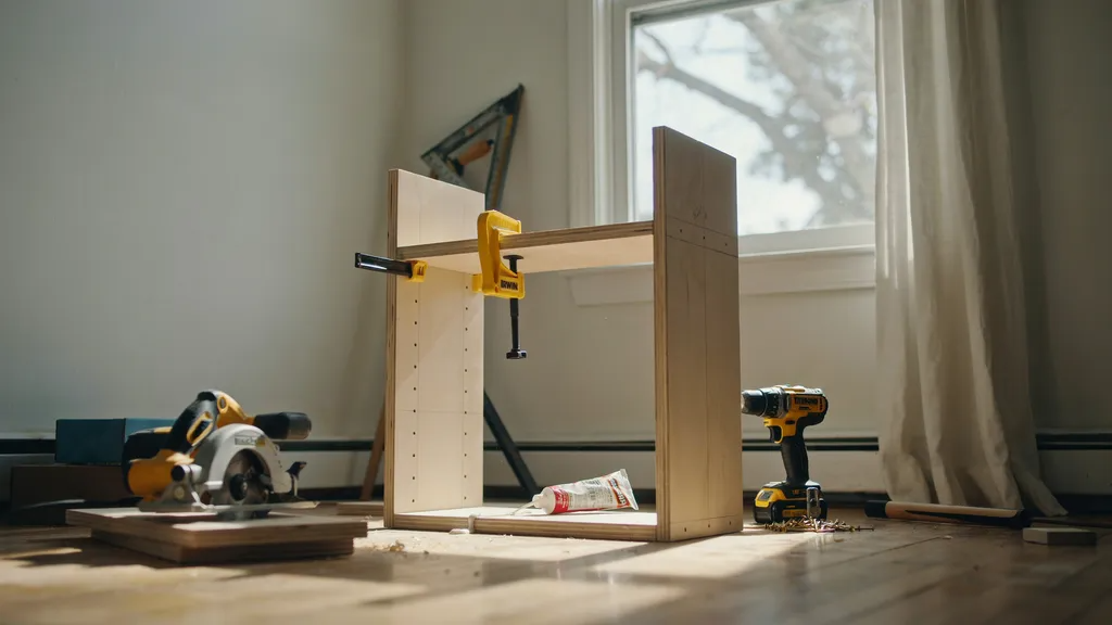 Assembling wooden bookshelf frames with tools for a window built-in project.