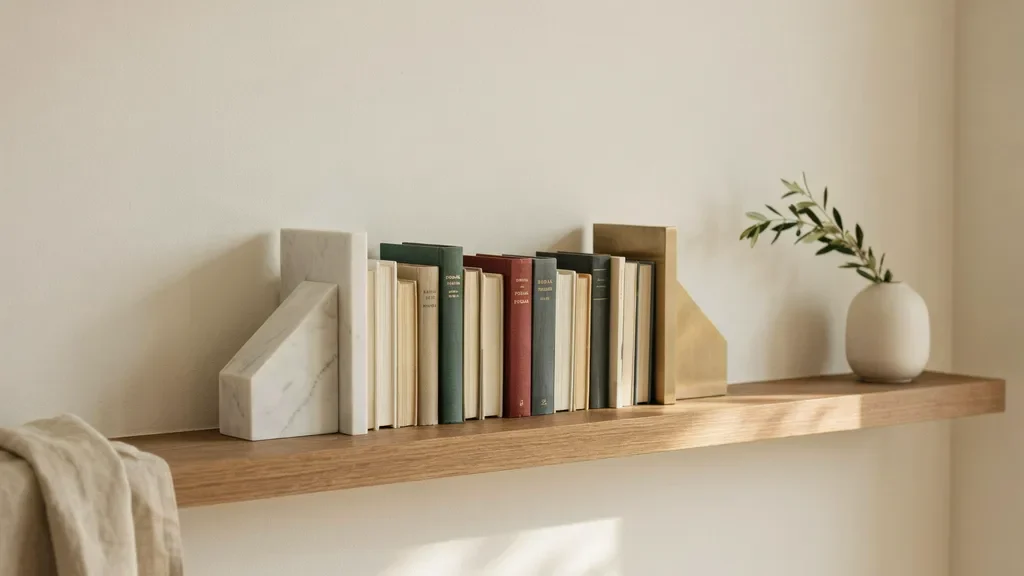 Bookshelf styled with decorative bookends and neatly arranged books.