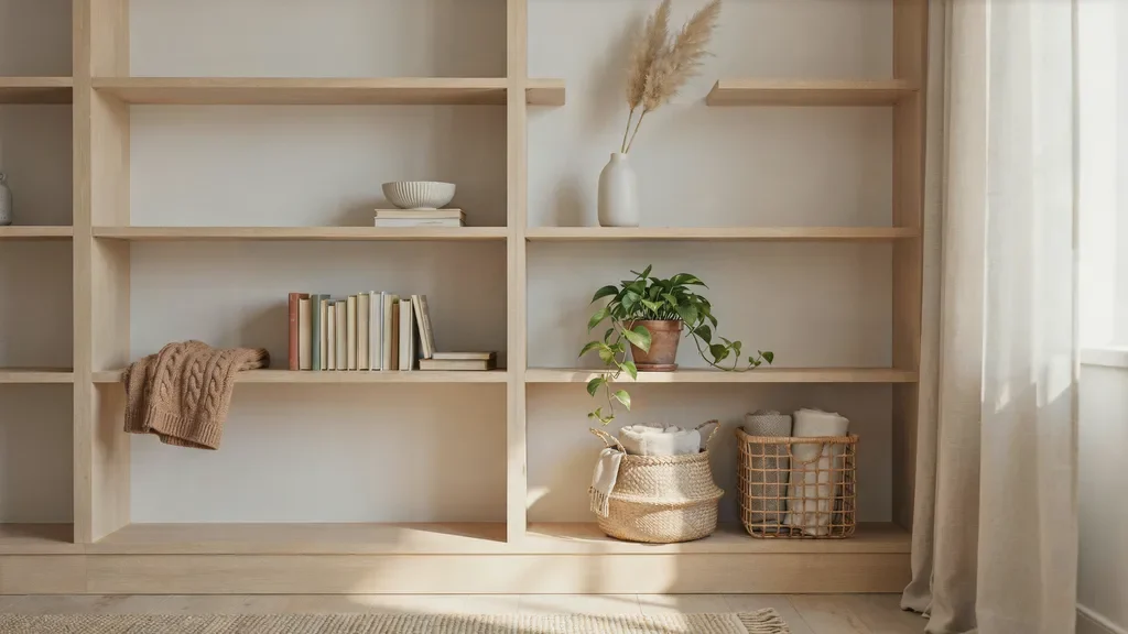Bookshelf featuring woven storage baskets, books, and natural decor.