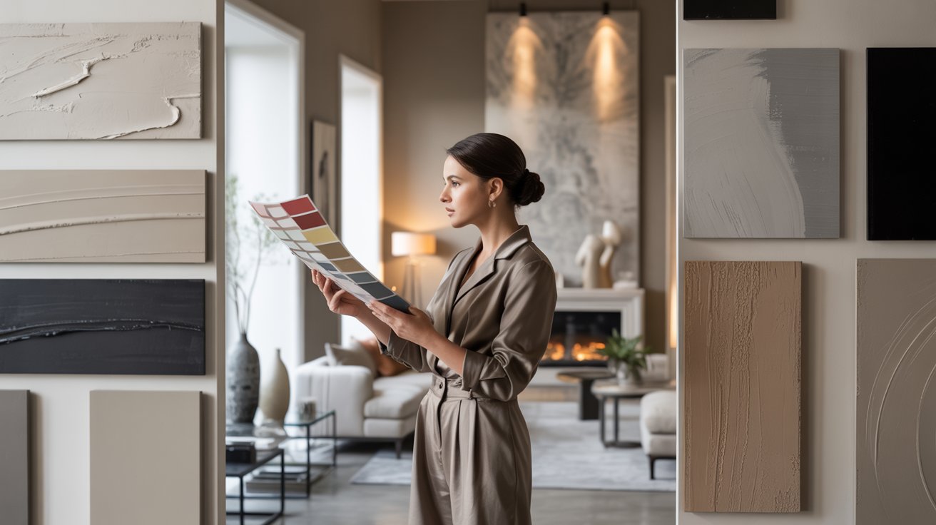 Comparing textured wall paint finishes under different lighting in stylish modern interior