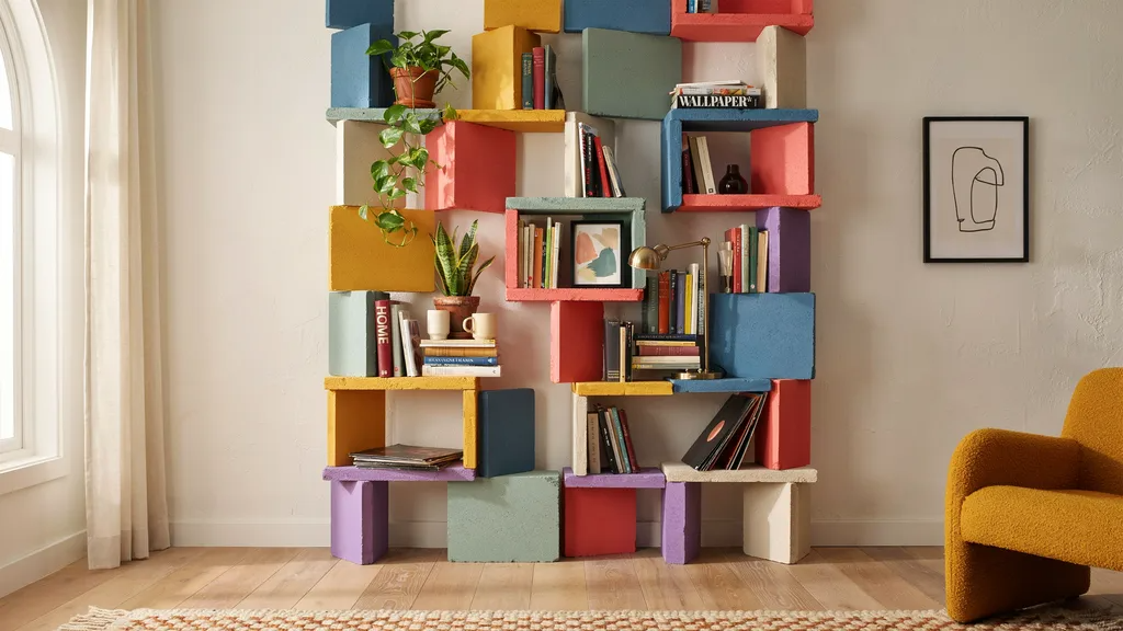 Colorful painted cinder block bookshelf with wood shelves